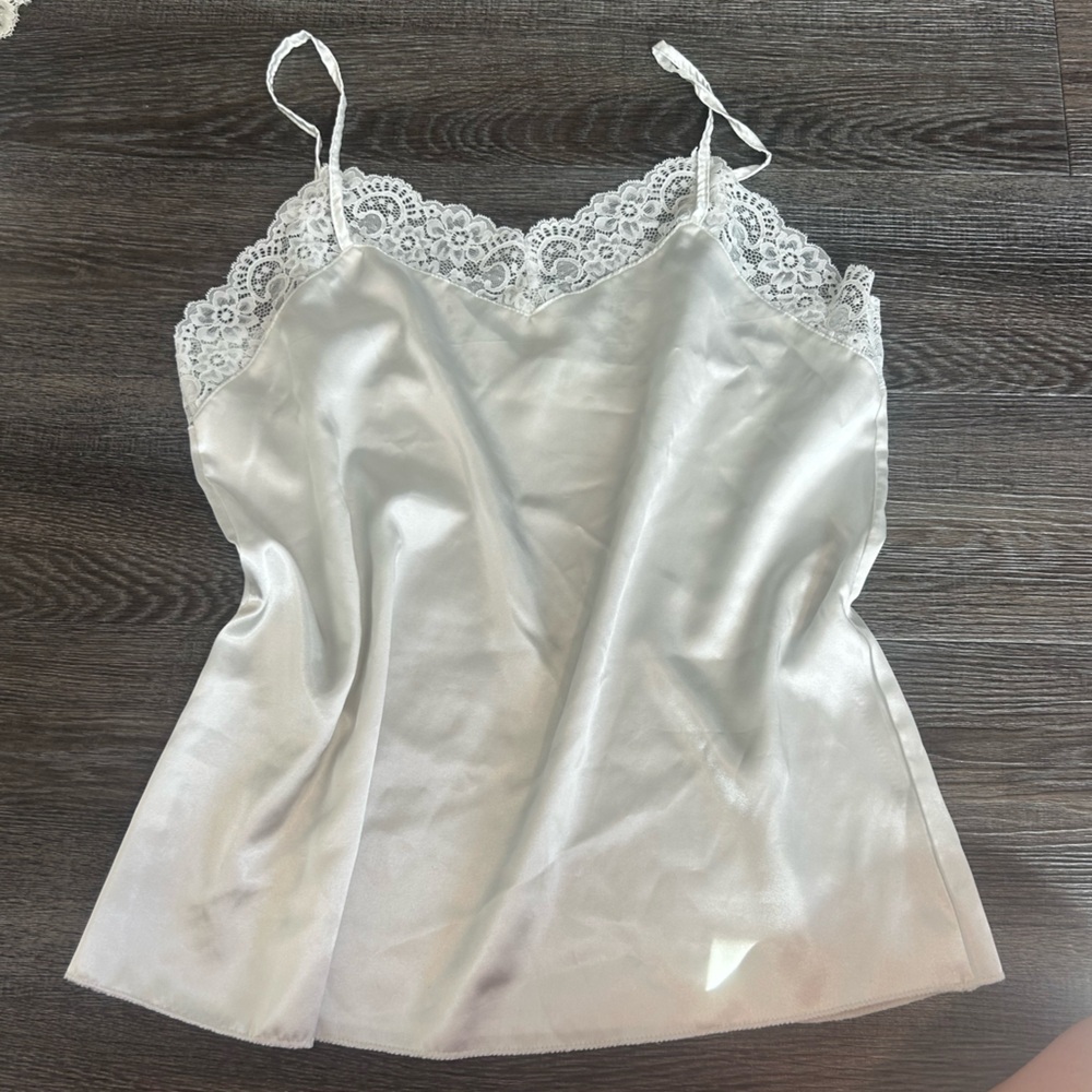 Lace-Trim Satin Cami Tank Top - White